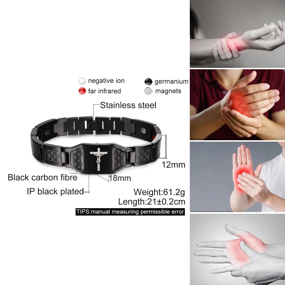 Jesus Magnetic Bracelet Homme Black Carbon Fibre Luxury Stainless Steel 21CM Health Energy Magnet Jewelry Benefits Waterproof