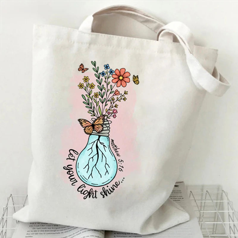 Faith Hope Love Pattern Canvas Shoulder Bag Boho Vintage Wildflower Versatile Storage Bags Christians Faith Gift Women's Handbag