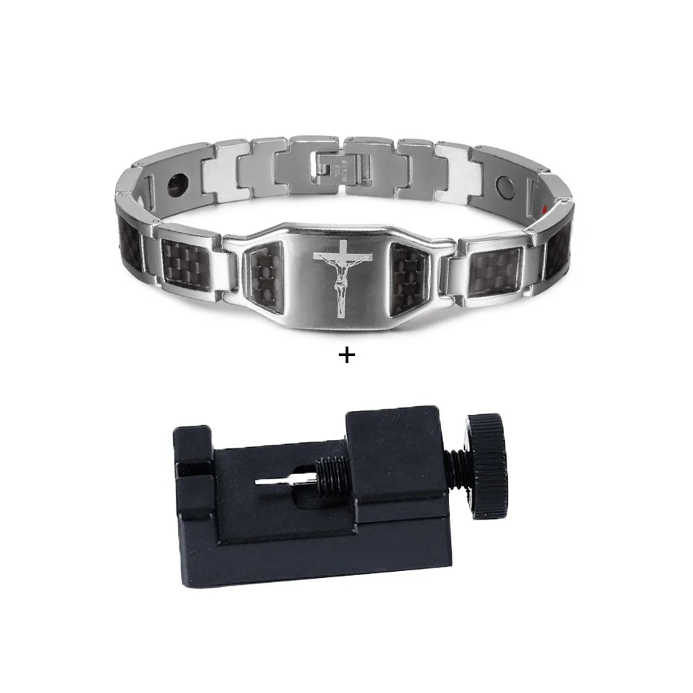 Jesus Magnetic Bracelet Homme Black Carbon Fibre Luxury Stainless Steel 21CM Health Energy Magnet Jewelry Benefits Waterproof