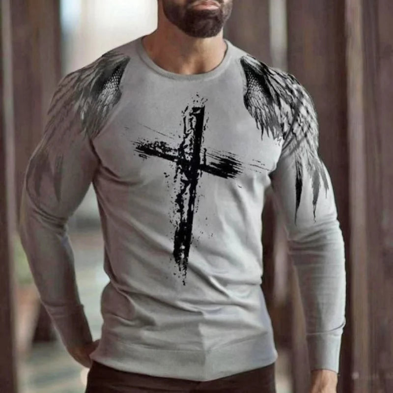 Christ Jesus Pattern T-Shirt For Men Colorful Cross Wings 3D Print T Shirts Autumn Casual Loose Round Neck Tops Tees Long Sleeve