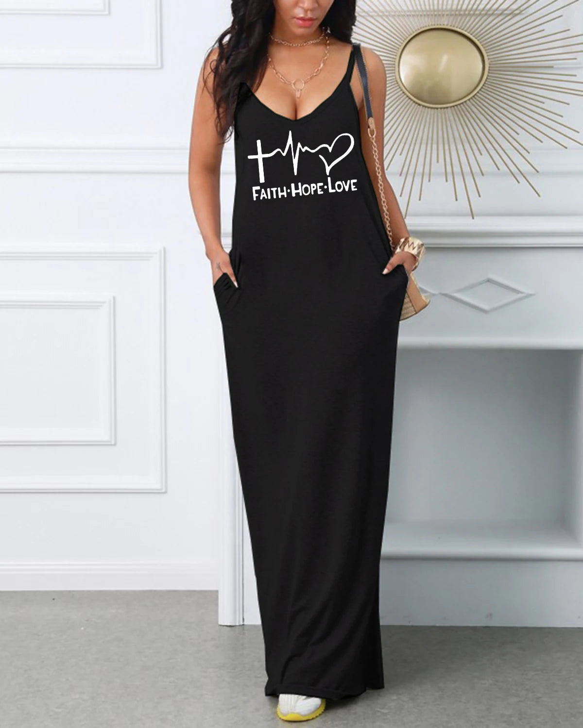 Women's FAITH HOPE LOVE print V-neck strap sexy dress