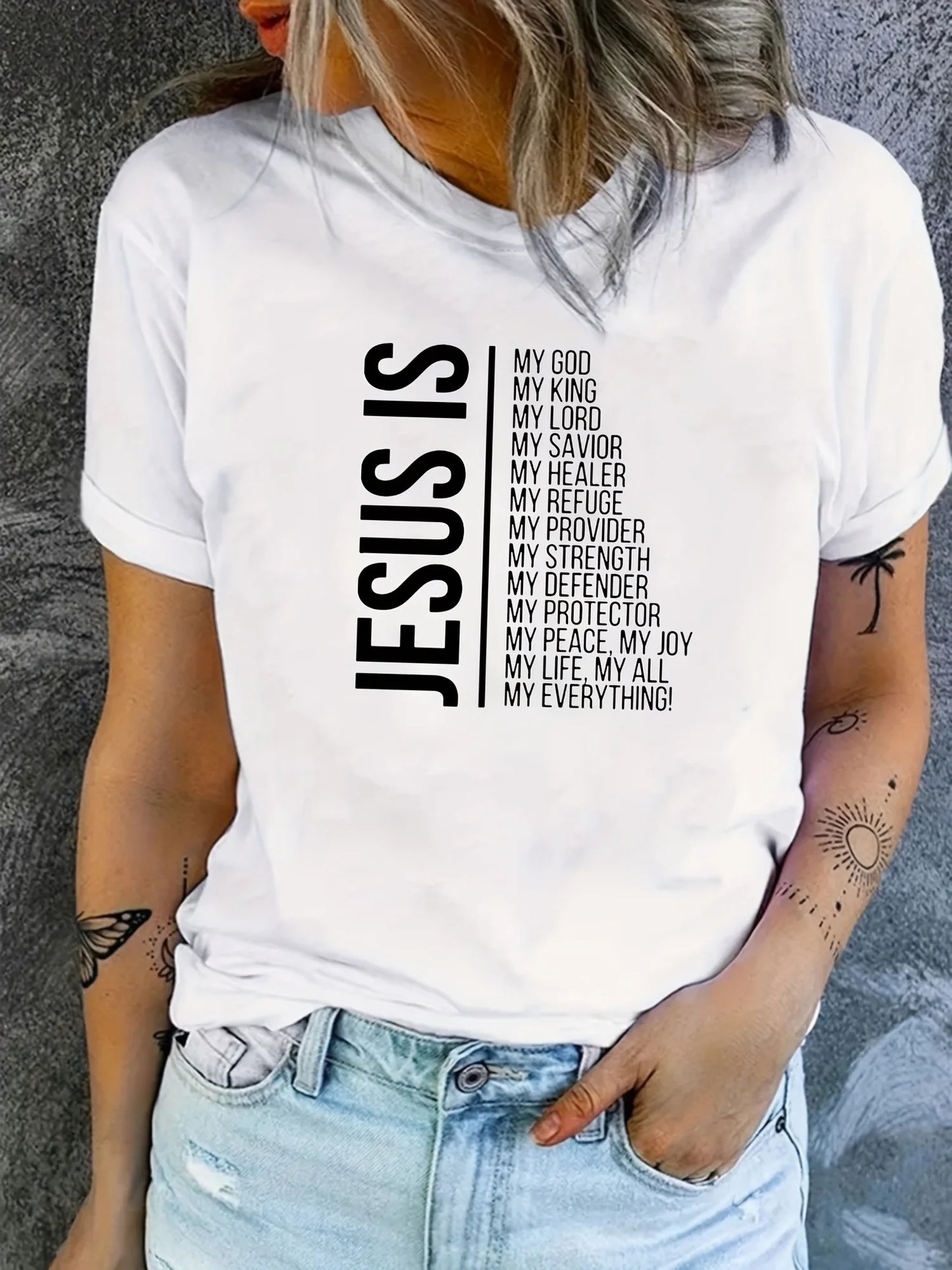 Jesus Is Print Faith Graphic T-Shirt, Short Sleeve Crew Neck Casual Top For Spring & Summer, Women's Clothing