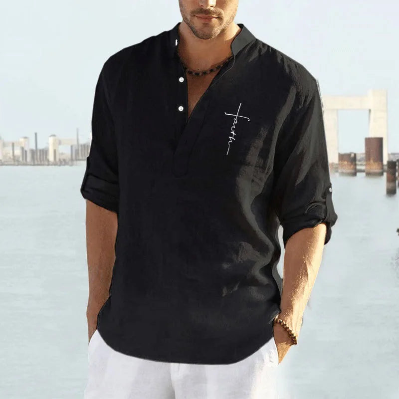 Faith Letter 3D Printed Henley Shirts Men's Fashion Streetwear Oversized Stand Collar Long Sleeve Shirt Tops Blouse Man Clothing