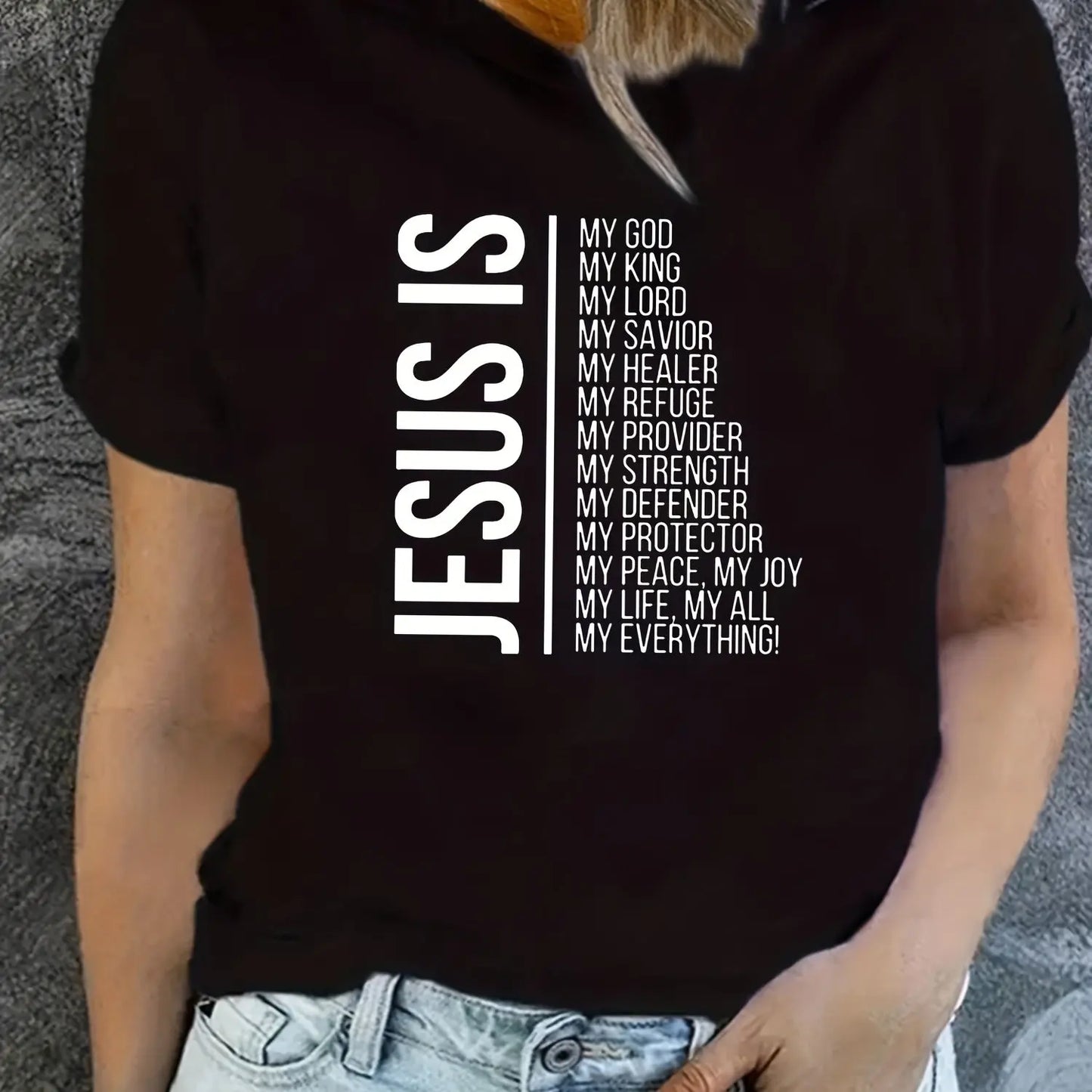 Jesus Is Print Faith Graphic T-Shirt, Short Sleeve Crew Neck Casual Top For Spring & Summer, Women's Clothing