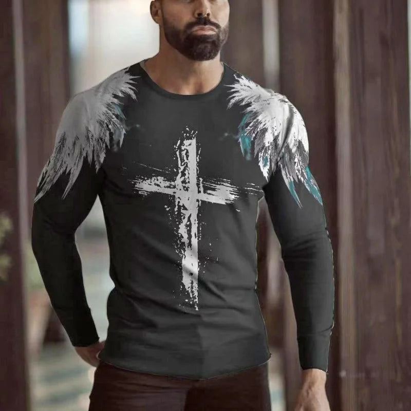 Christ Jesus Pattern T-Shirt For Men Colorful Cross Wings 3D Print T Shirts Autumn Casual Loose Round Neck Tops Tees Long Sleeve