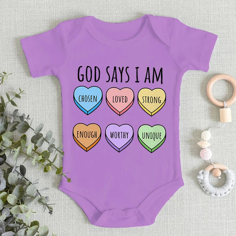 Sweet Heart Graphics Baby Boys Girls Bodysuit "God Says I Am..."print Short Sleeve Cotton Baby Clothes 3-24M Newborn Jumpsuit