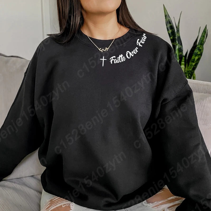Christian Sweatshirt, Faith Over Fear Letter Print Sweatshirts, Long Sleeves Crew Neck, Religious Shirts,Trendy Christian Gifts