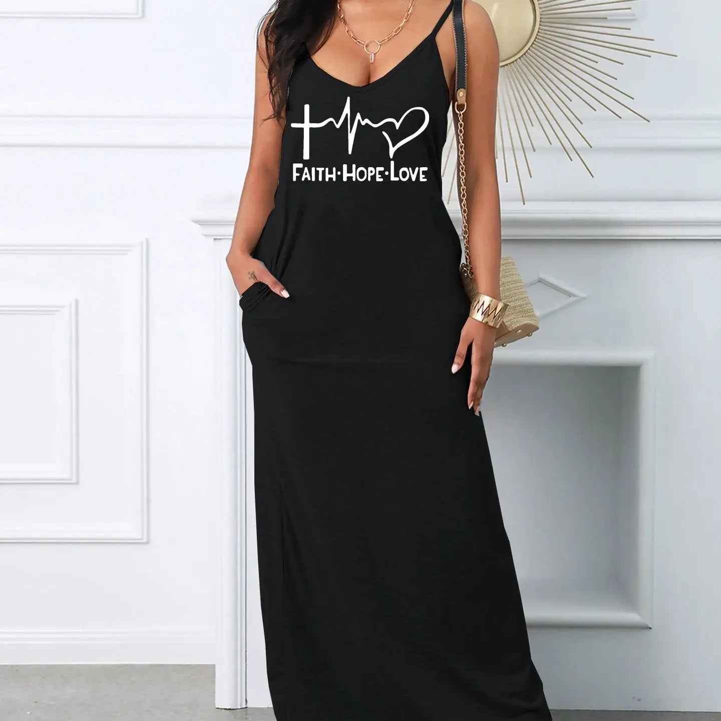 Women's FAITH HOPE LOVE print V-neck strap sexy dress