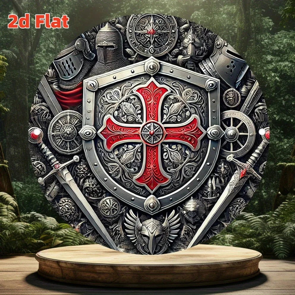 2D Flat Templar Knight Cross – Retro Medieval Style | Red Cross Emblem, Metallic Finish |Indoor/Outdoor Decor for Garage, Garden