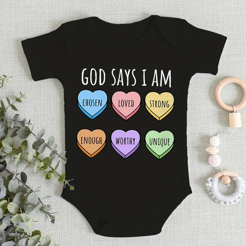 Sweet Heart Graphics Baby Boys Girls Bodysuit "God Says I Am..."print Short Sleeve Cotton Baby Clothes 3-24M Newborn Jumpsuit