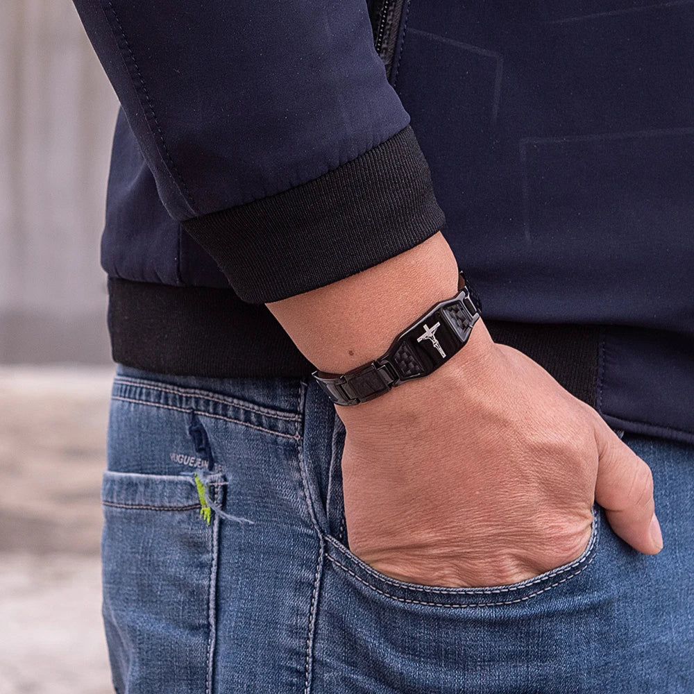 Jesus Magnetic Bracelet Homme Black Carbon Fibre Luxury Stainless Steel 21CM Health Energy Magnet Jewelry Benefits Waterproof