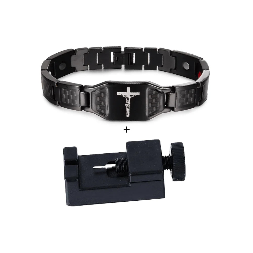 Jesus Magnetic Bracelet Homme Black Carbon Fibre Luxury Stainless Steel 21CM Health Energy Magnet Jewelry Benefits Waterproof