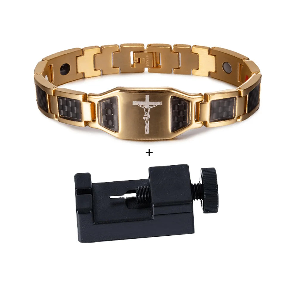 Jesus Magnetic Bracelet Homme Black Carbon Fibre Luxury Stainless Steel 21CM Health Energy Magnet Jewelry Benefits Waterproof