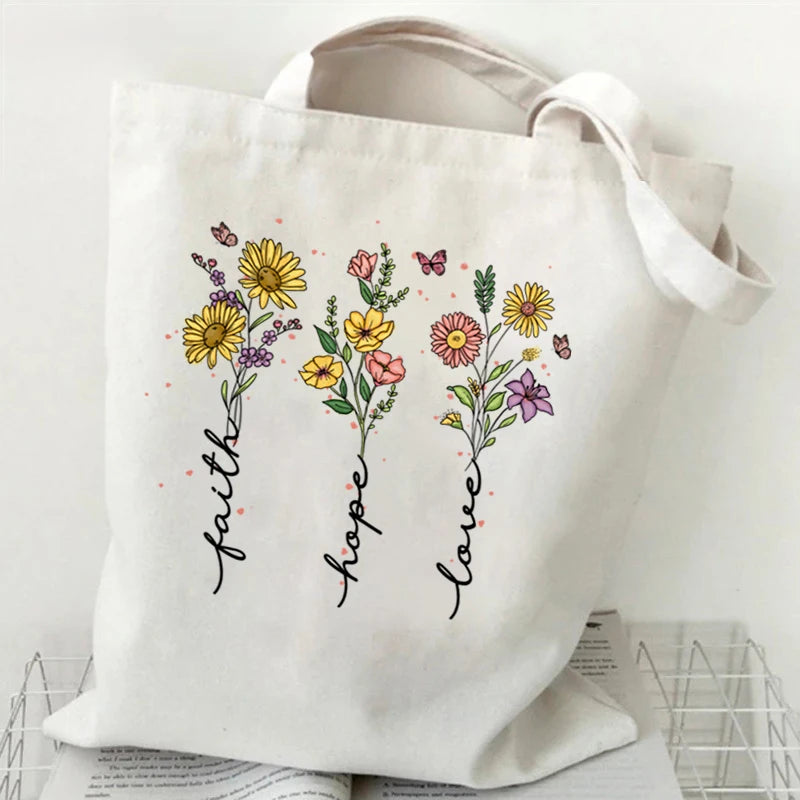 Faith Hope Love Pattern Canvas Shoulder Bag Boho Vintage Wildflower Versatile Storage Bags Christians Faith Gift Women's Handbag