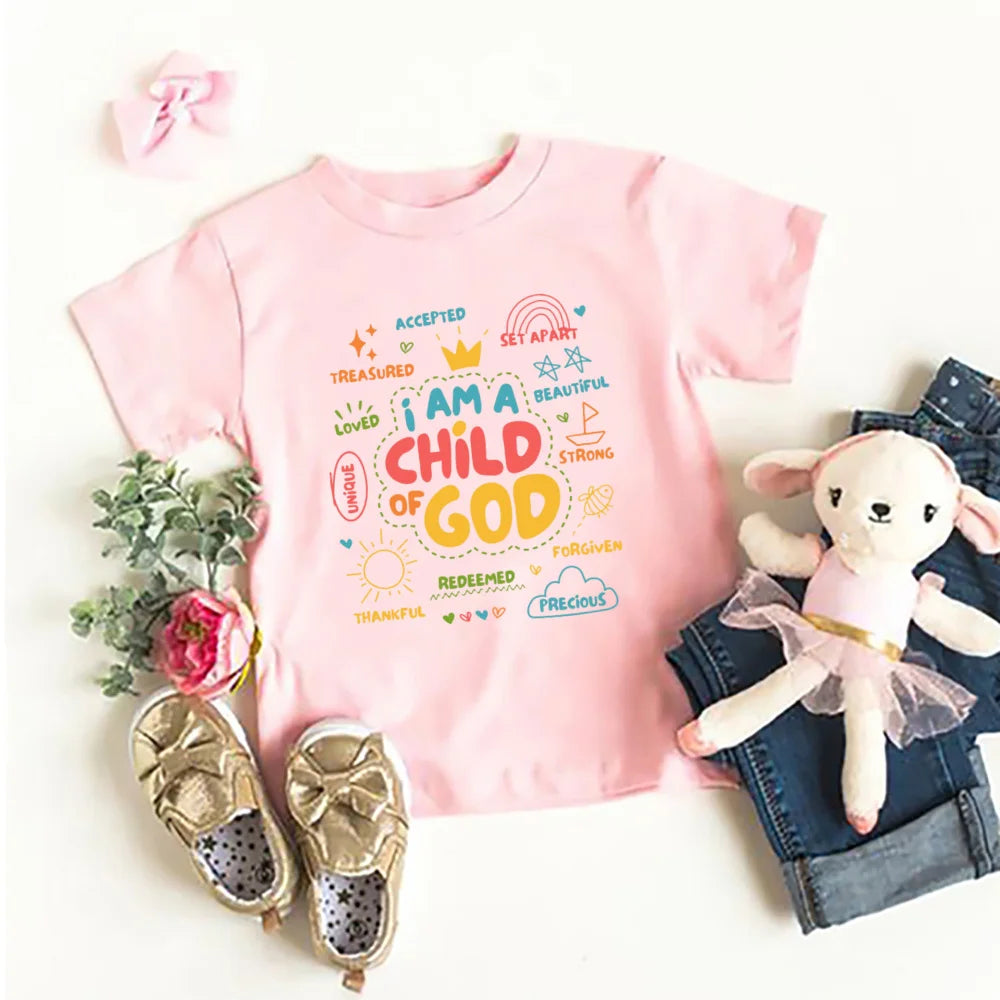 I Am A Child of God Printed Kids Shirt Summer T-shirt Tops for Children Boys Girls Short Sleeve Tshirt Funny Toddler Clothes Tee