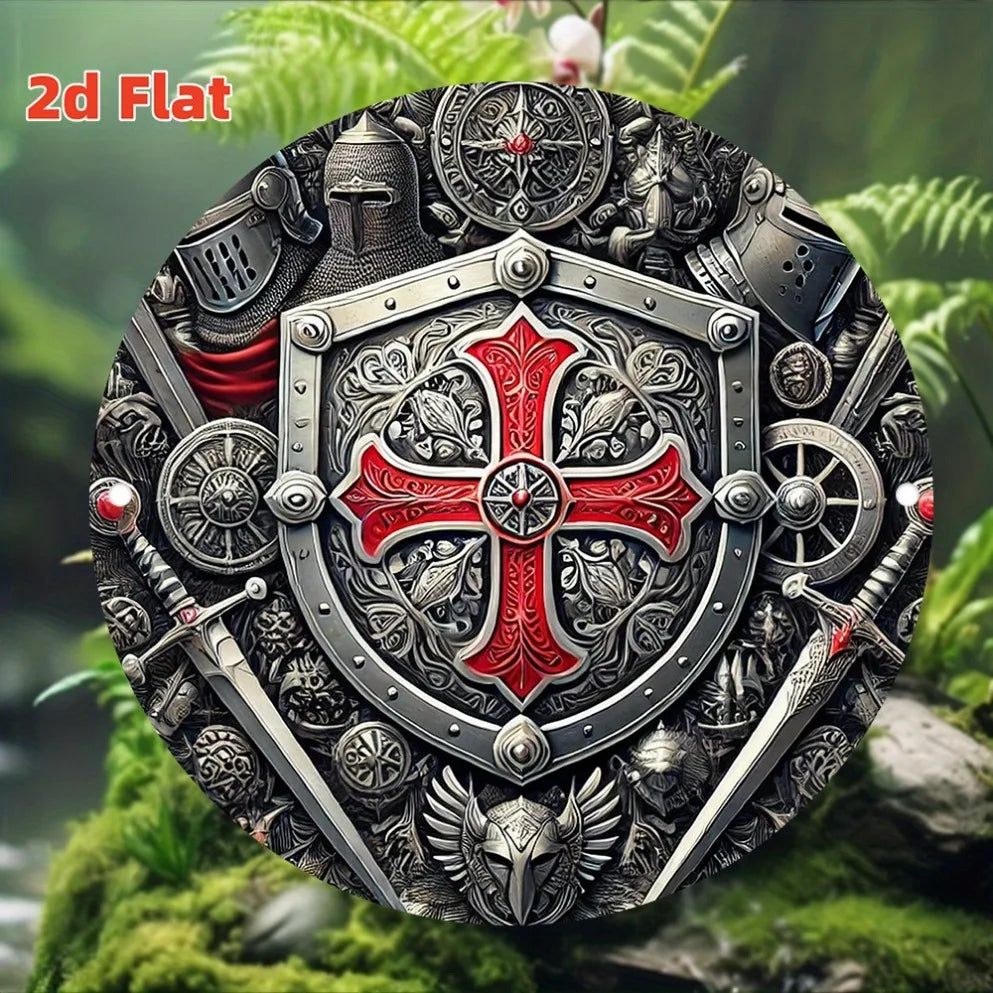 2D Flat Templar Knight Cross – Retro Medieval Style | Red Cross Emblem, Metallic Finish |Indoor/Outdoor Decor for Garage, Garden