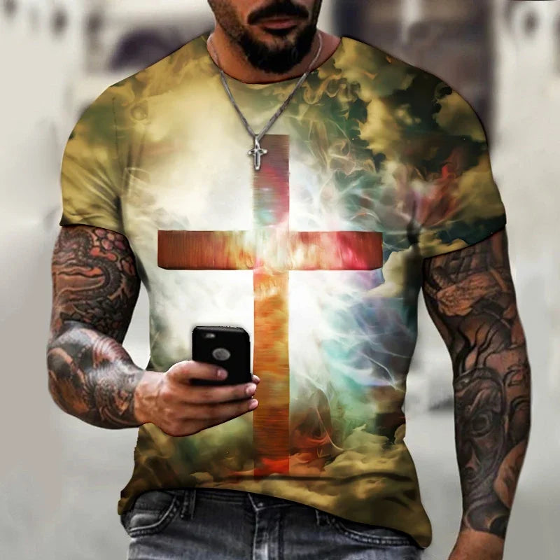 God Religion Christ Jesus Cross Print Summer Men's Round Neck T-shirt Casual Short Sleeve Oversized T Shirt Fashion Men Clothing