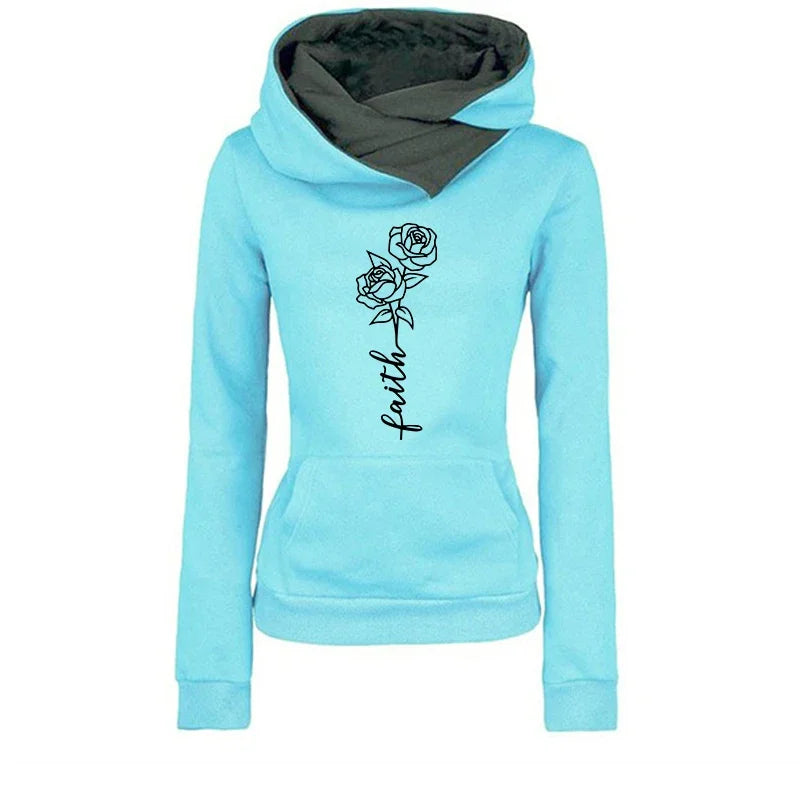 Faith Flower Print Hoodie for Woman 2025 Hot Sale Hooded Long Sleeve Pullover Fall Winter Female Urban Casual Fashion Sweatshirt