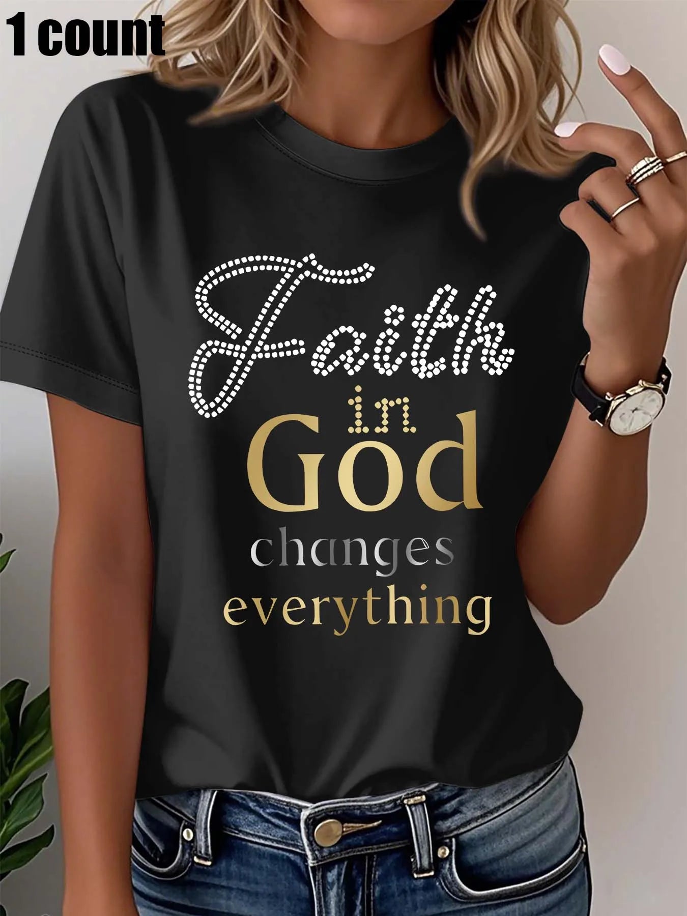 Plus Size Women's White T - Shirt with "Faith in God Changes Everything" Rhinestone Graphic Casual Loose Fit Short Sleeve Top