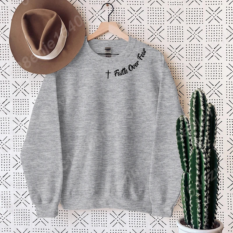 Christian Sweatshirt, Faith Over Fear Letter Print Sweatshirts, Long Sleeves Crew Neck, Religious Shirts,Trendy Christian Gifts