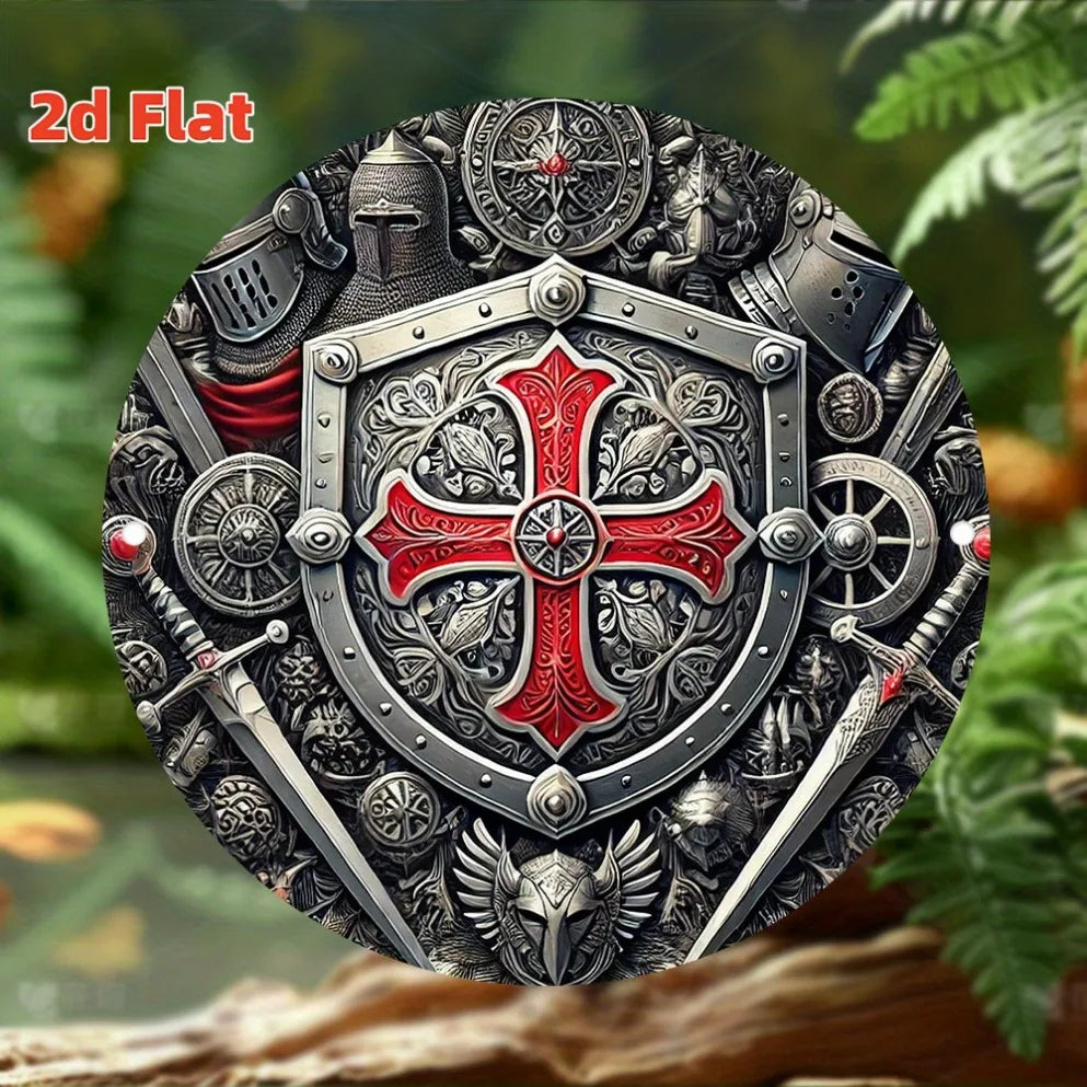 2D Flat Templar Knight Cross – Retro Medieval Style | Red Cross Emblem, Metallic Finish |Indoor/Outdoor Decor for Garage, Garden