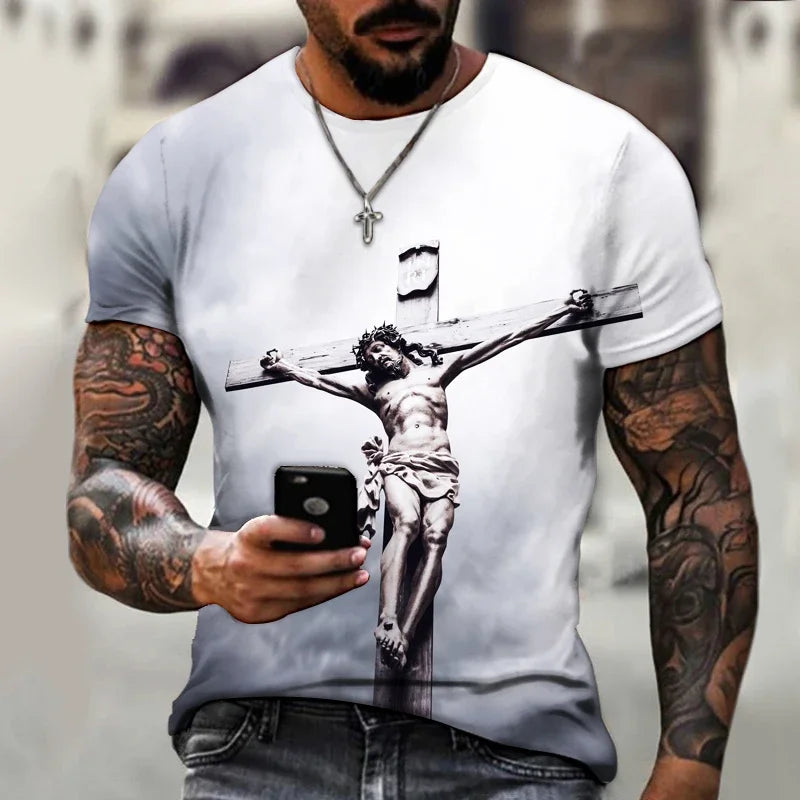 God Religion Christ Jesus Cross Print Summer Men's Round Neck T-shirt Casual Short Sleeve Oversized T Shirt Fashion Men Clothing