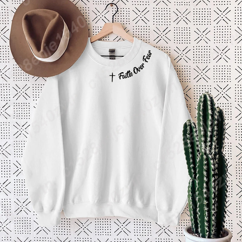 Christian Sweatshirt, Faith Over Fear Letter Print Sweatshirts, Long Sleeves Crew Neck, Religious Shirts,Trendy Christian Gifts