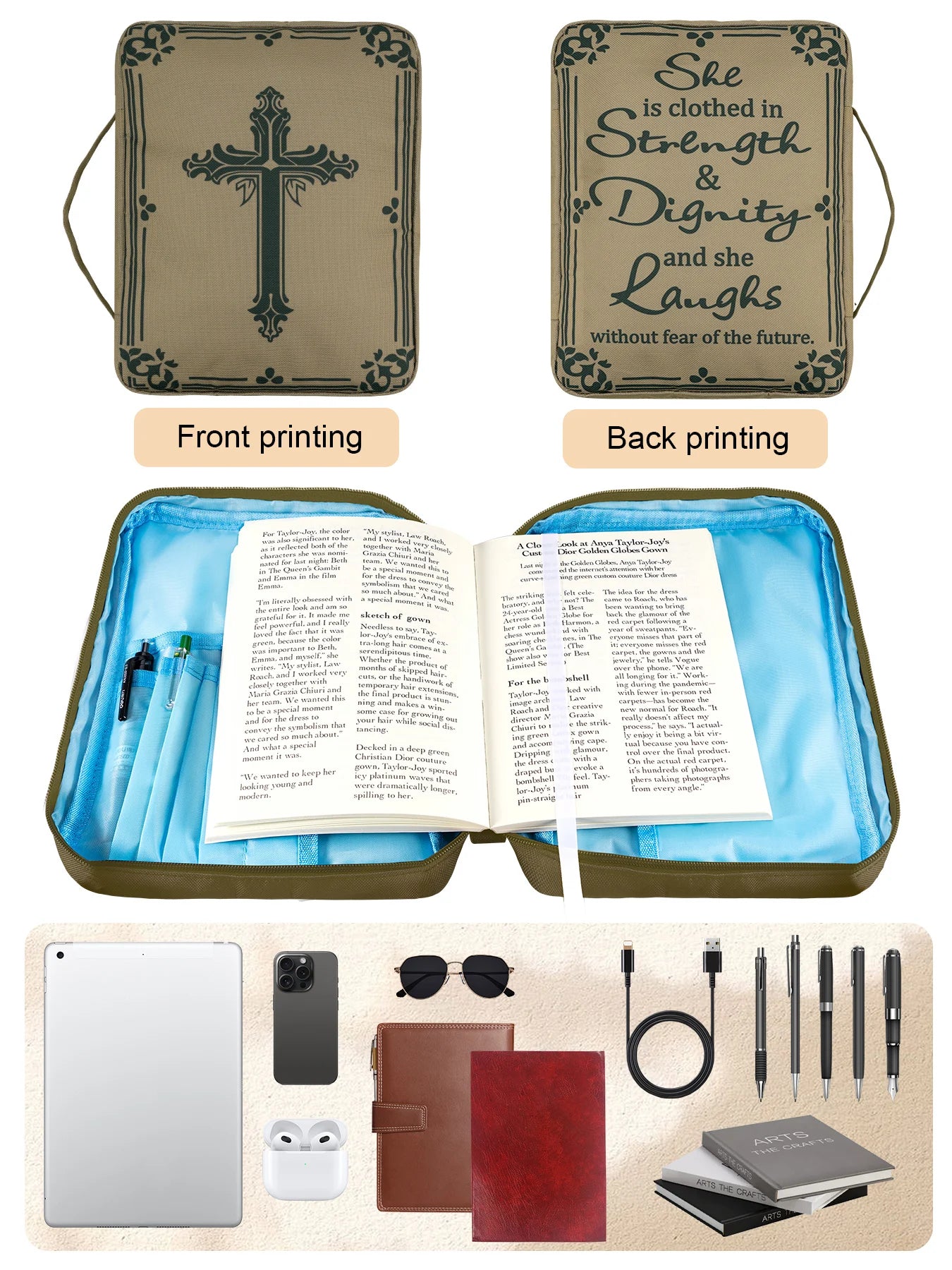 Cross Bible Bags for Women Organizer, Bible Covers Large Size Bible Holder Bag Zippered Bible Case with Handle Zippered Pockets