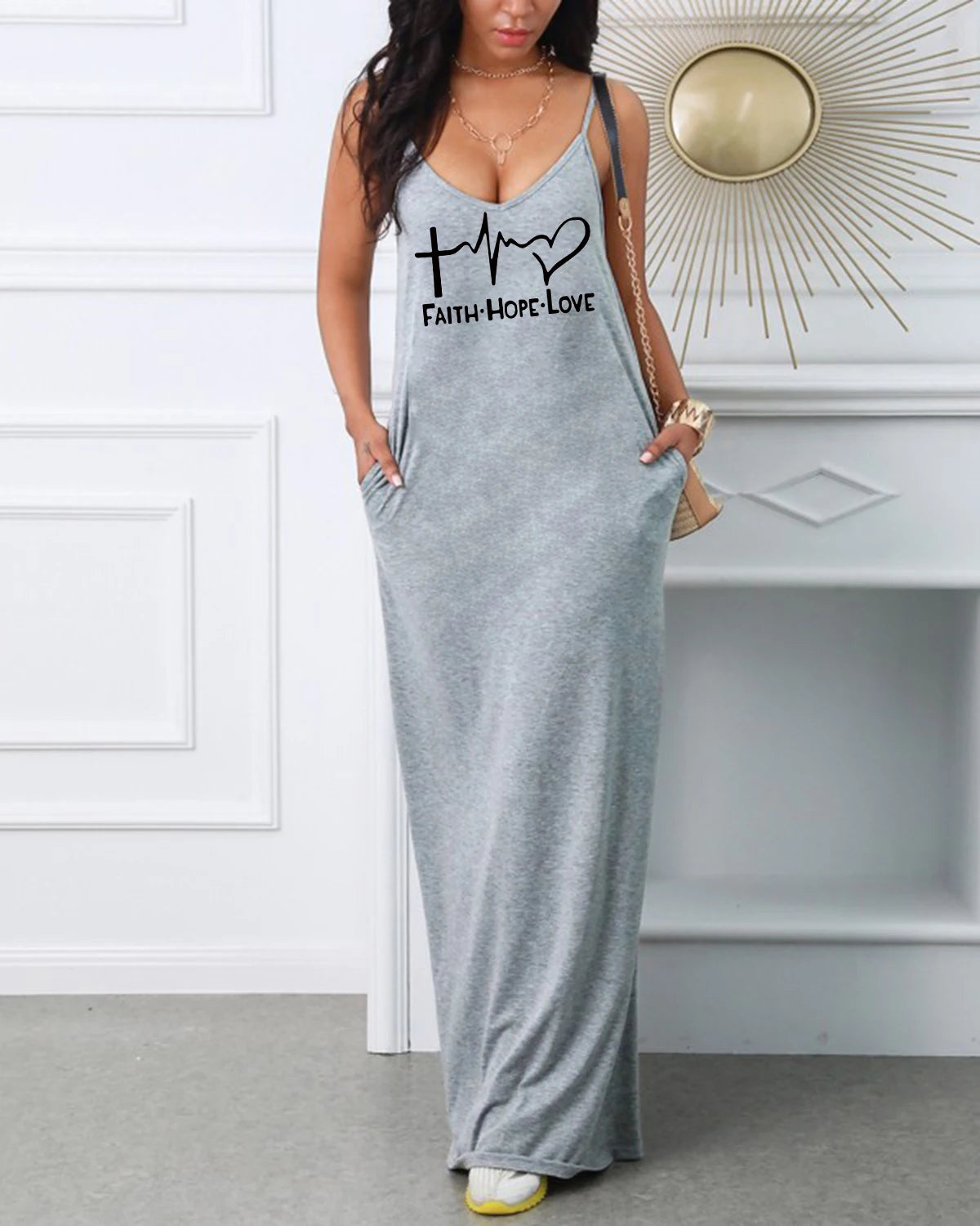 Women's FAITH HOPE LOVE print V-neck strap sexy dress