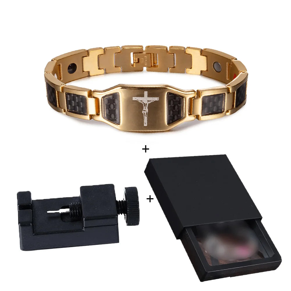Jesus Magnetic Bracelet Homme Black Carbon Fibre Luxury Stainless Steel 21CM Health Energy Magnet Jewelry Benefits Waterproof