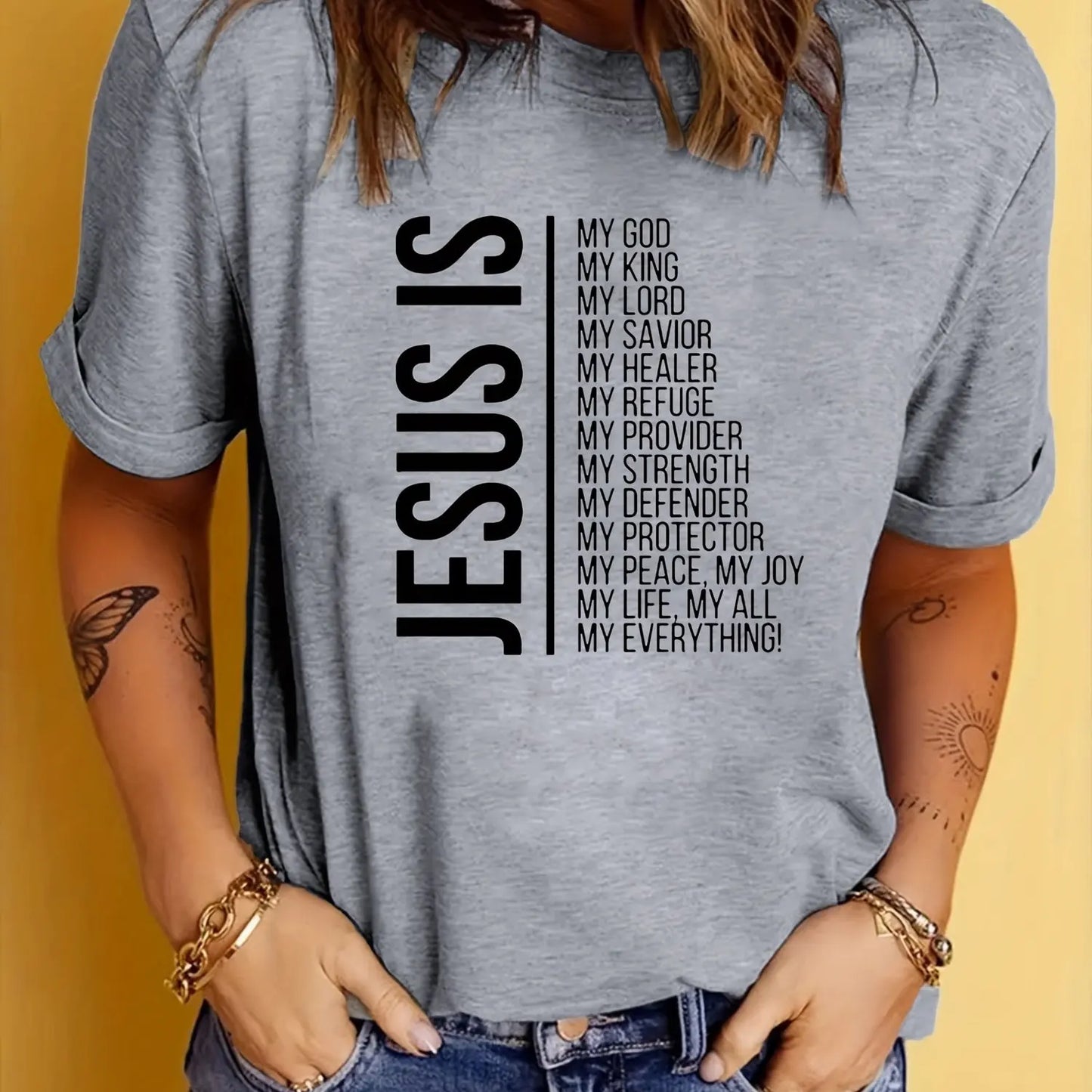 Jesus Is Print Faith Graphic T-Shirt, Short Sleeve Crew Neck Casual Top For Spring & Summer, Women's Clothing