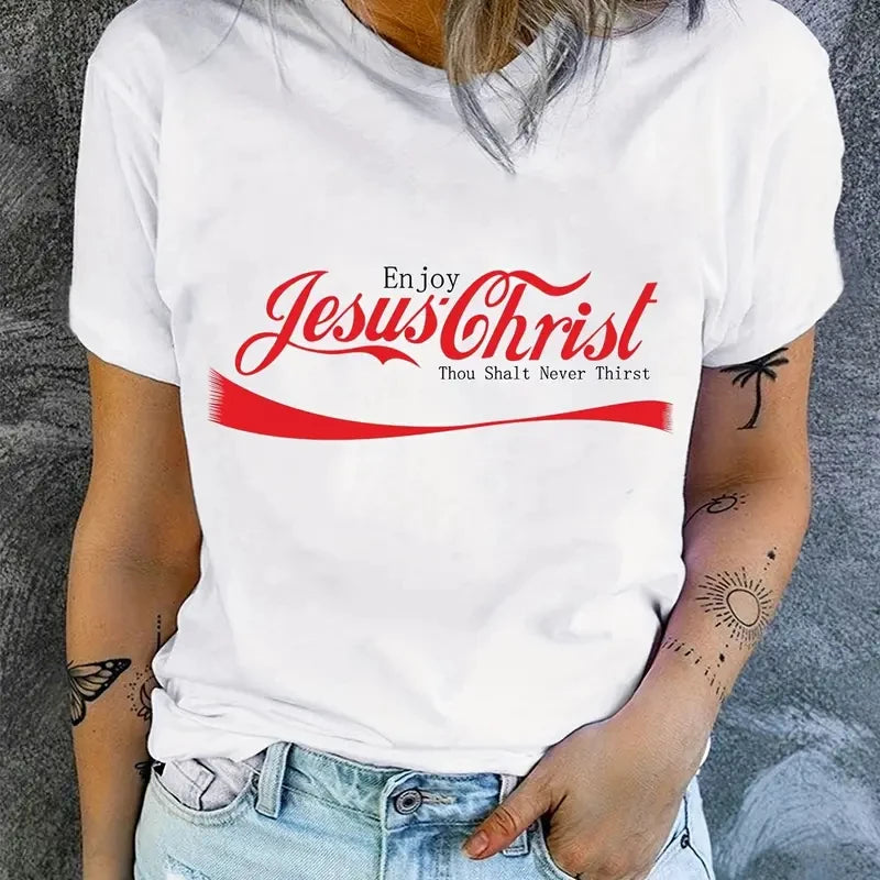 Jesus Enjoy christ Print T-Shirt, Short Sleeve Crew Neck Casual Top For Spring & Summer, Women's Clothing casual basics O-collar