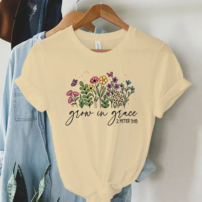 Grow in Grace 2 Peter 3:18 Graphics T Shirt Women Christian Religious Faith T-shirt Summer Vintage Boho Shirt Women Faith Tshirt