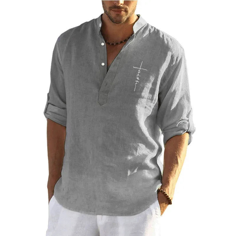 Faith Letter 3D Printed Henley Shirts Men's Fashion Streetwear Oversized Stand Collar Long Sleeve Shirt Tops Blouse Man Clothing