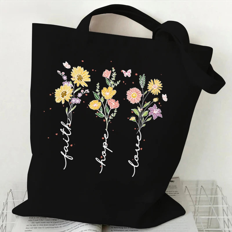 Faith Hope Love Pattern Canvas Shoulder Bag Boho Vintage Wildflower Versatile Storage Bags Christians Faith Gift Women's Handbag
