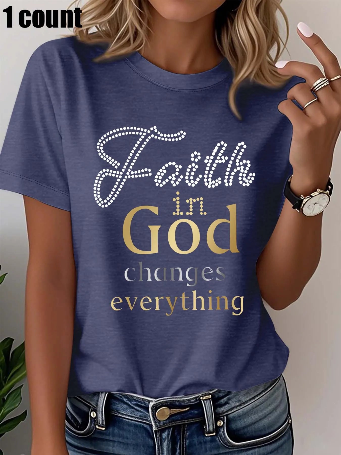 Plus Size Women's White T - Shirt with "Faith in God Changes Everything" Rhinestone Graphic Casual Loose Fit Short Sleeve Top