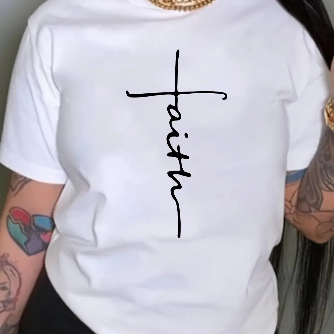 Faith & Cross Print Crew Neck Graphic T-shirt, Solid Short Sleeve Fashion Loose Tee, Women's Tops