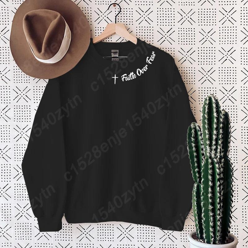 Christian Sweatshirt, Faith Over Fear Letter Print Sweatshirts, Long Sleeves Crew Neck, Religious Shirts,Trendy Christian Gifts