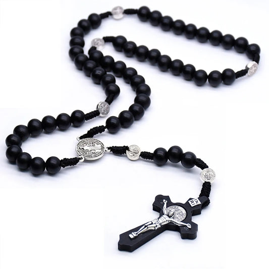 QIGO Religious Wooden Antique Black Cross Rosary Pendant Necklaces Jesus Saint Benedict Beaded Necklace for Men Women Jewelry