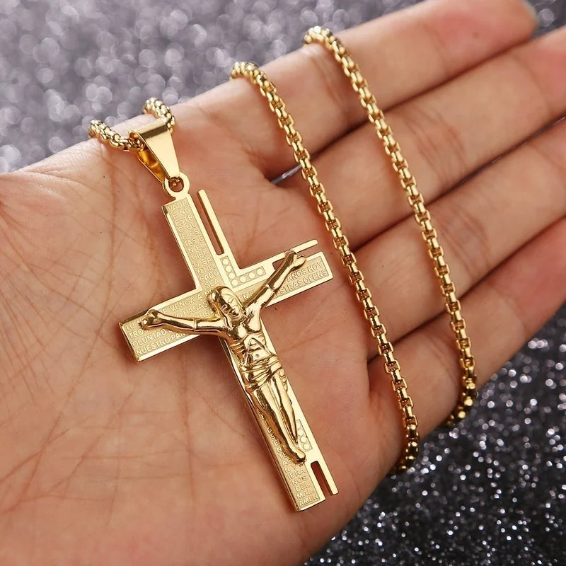 Men's Jesus Christ Crucifix Gold Plated Cross Religious Pendant Necklace with Chain Jewelry