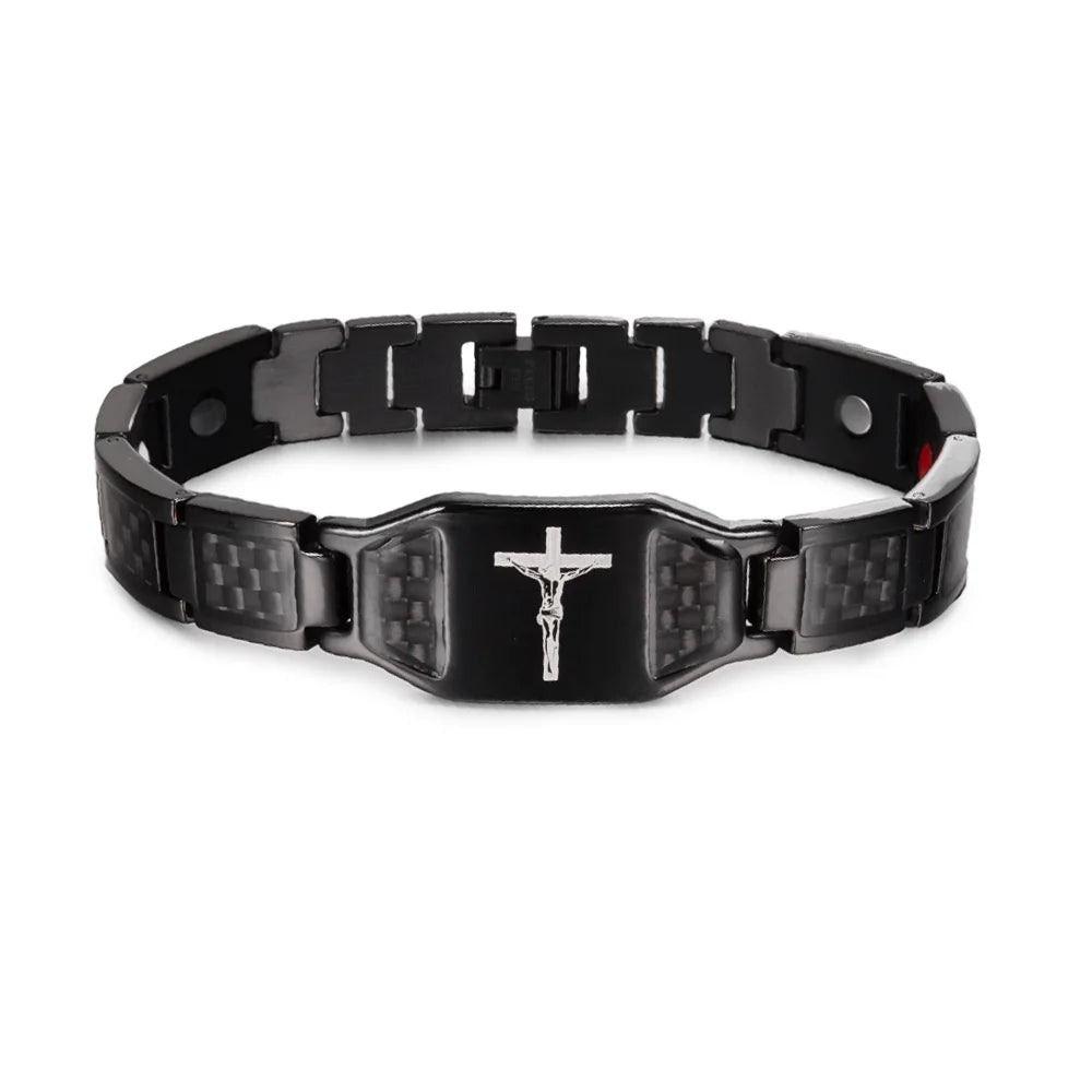 Jesus Magnetic Bracelet Homme Black Carbon Fibre Luxury Stainless Steel 21CM Health Energy Magnet Jewelry Benefits Waterproof