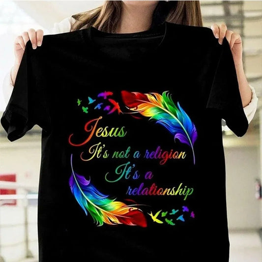 Jesus Is Not A Religion It's A Relationship Print Women T Shirt Short Sleeve O Neck Loose Women Tshirt Ladies Tee Shirt Tops