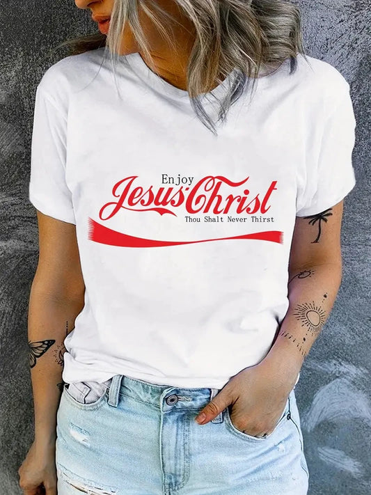 Jesus Enjoy christ Print T-Shirt, Short Sleeve Crew Neck Casual Top For Spring & Summer, Women's Clothing casual basics O-collar