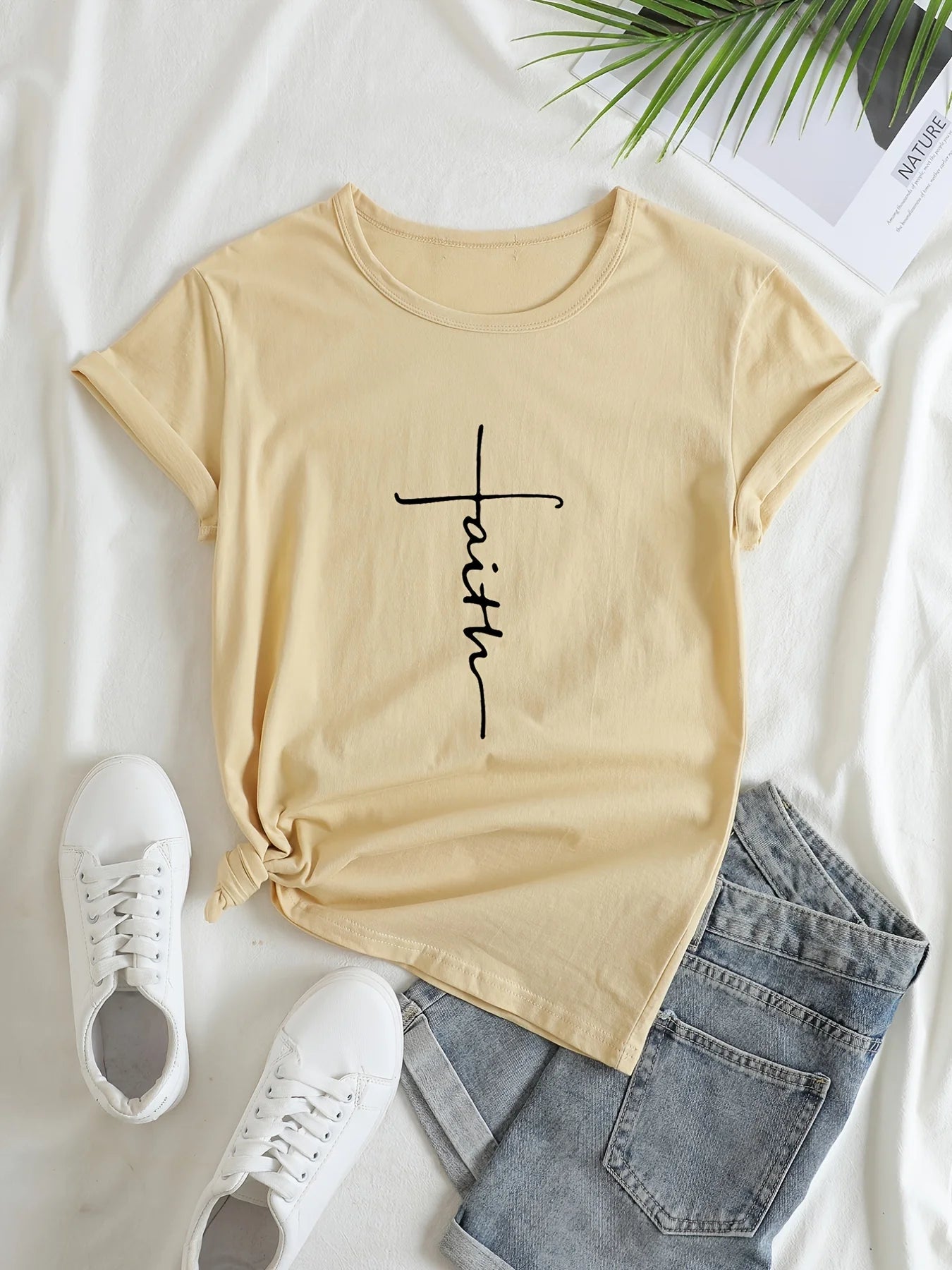 Faith Print V-Neck T-Shirt, Casual Every Day Short Sleeve T-Shirt, Women's Clothing