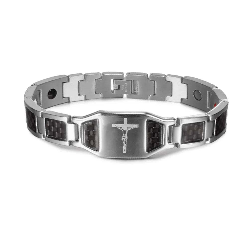 Jesus Magnetic Bracelet Homme Black Carbon Fibre Luxury Stainless Steel 21CM Health Energy Magnet Jewelry Benefits Waterproof