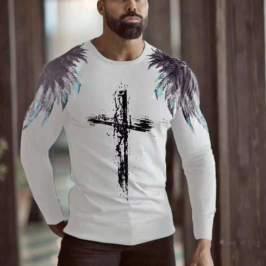 Christ Jesus Pattern T-Shirt For Men Colorful Cross Wings 3D Print T Shirts Autumn Casual Loose Round Neck Tops Tees Long Sleeve