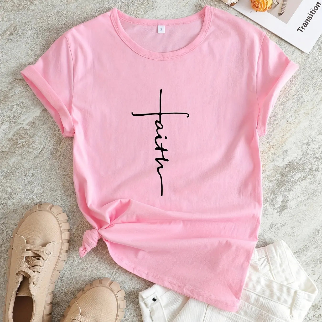 Faith Print V-Neck T-Shirt, Casual Every Day Short Sleeve T-Shirt, Women's Clothing