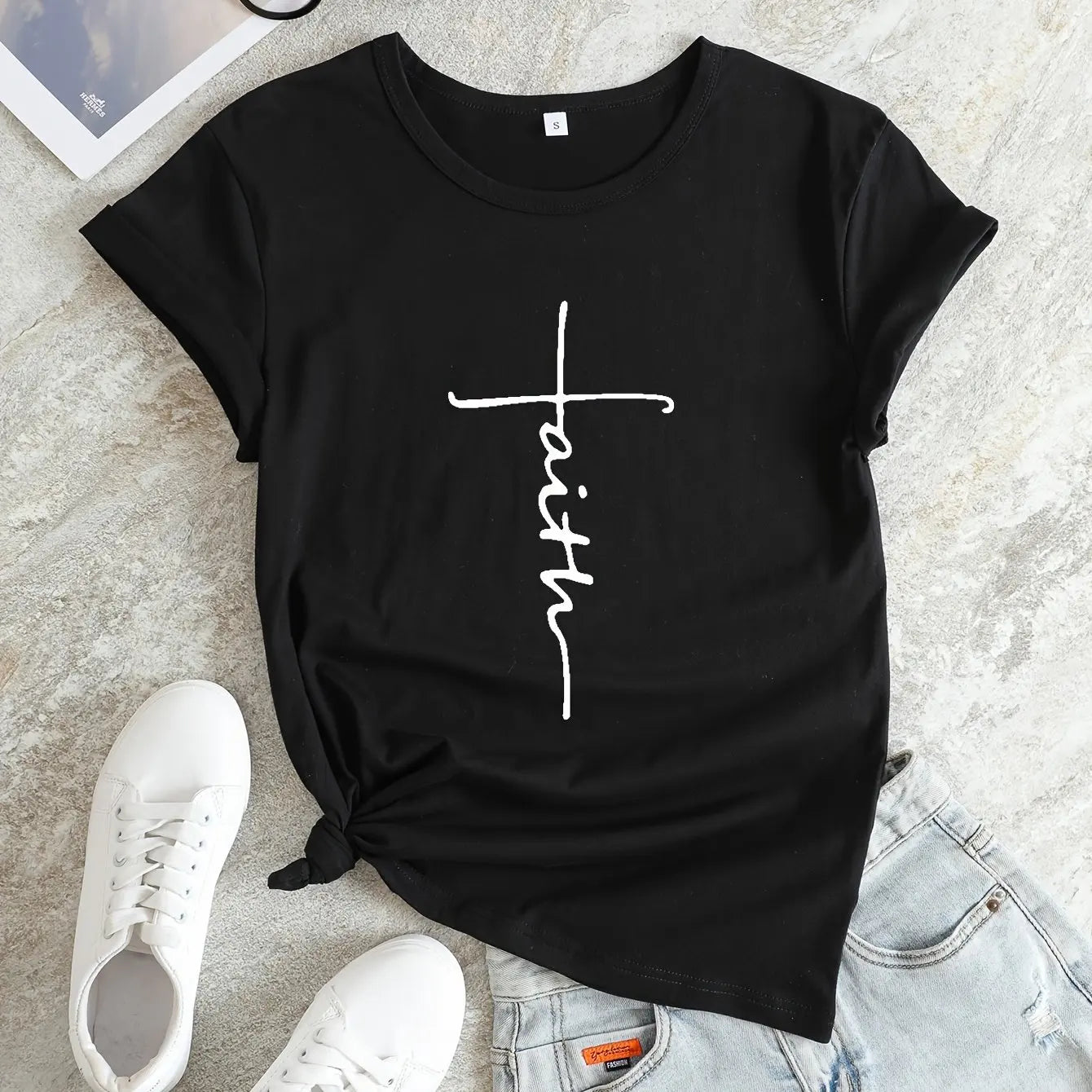 Faith Print V-Neck T-Shirt, Casual Every Day Short Sleeve T-Shirt, Women's Clothing