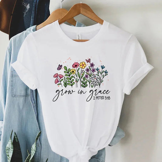 Grow in Grace 2 Peter 3:18 Graphics T Shirt Women Christian Religious Faith T-shirt Summer Vintage Boho Shirt Women Faith Tshirt