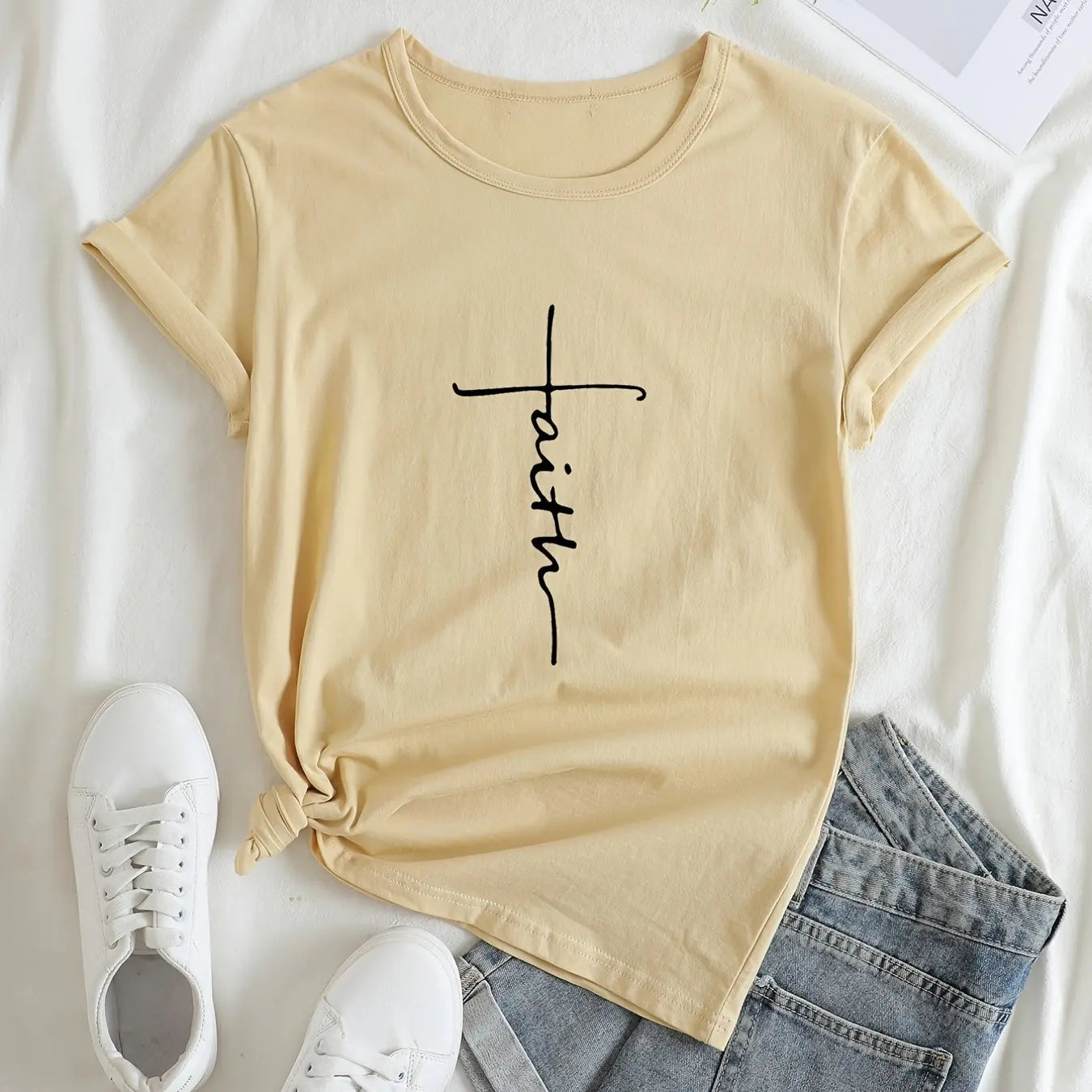 Faith Print V-Neck T-Shirt, Casual Every Day Short Sleeve T-Shirt, Women's Clothing